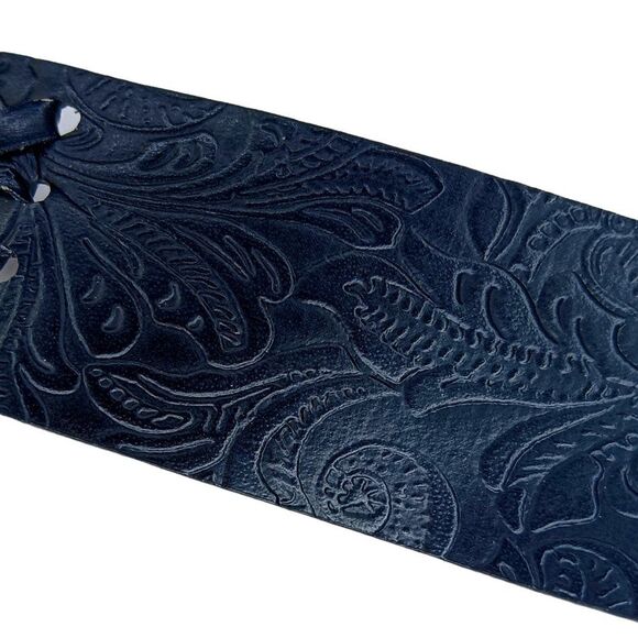 Black Leather Boho Belt Fringe Tassel Silver Metal Rings - Picture 7 of 10